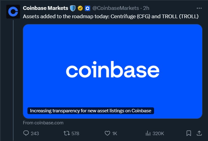 Coinbase 上市公告