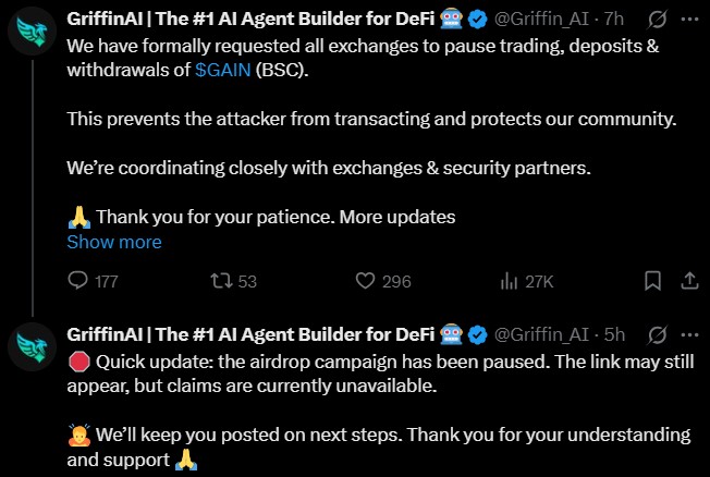 Griffin AI 被黑新闻：空投暂停