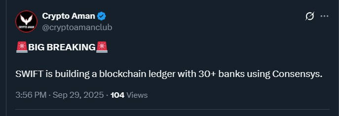 SWIFT launching blockchain ledger