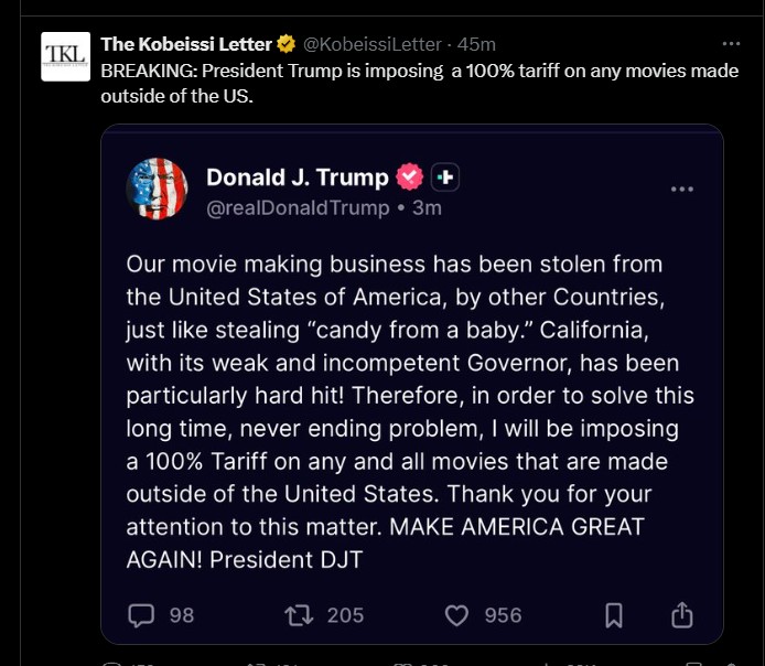 New Trump Tariffs on Foreign Movies