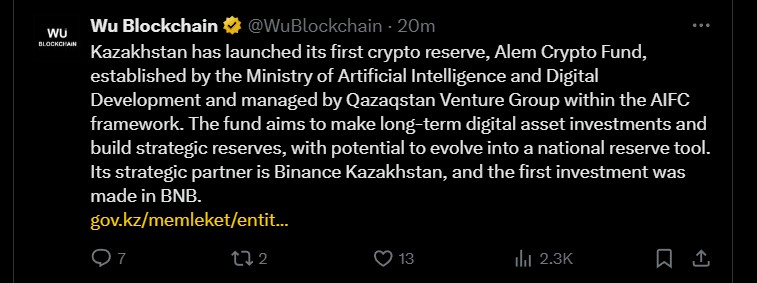 Kazakhstan’s First Crypto Reserve Launched