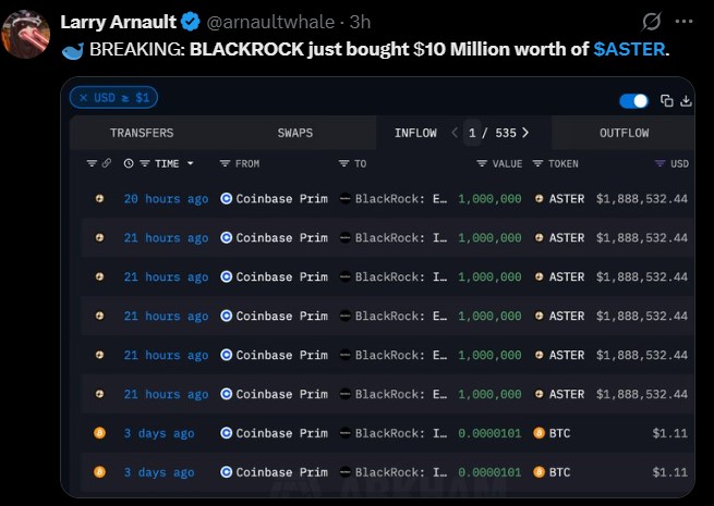 BlackRock $ASTER 购买价值 1000 万美元