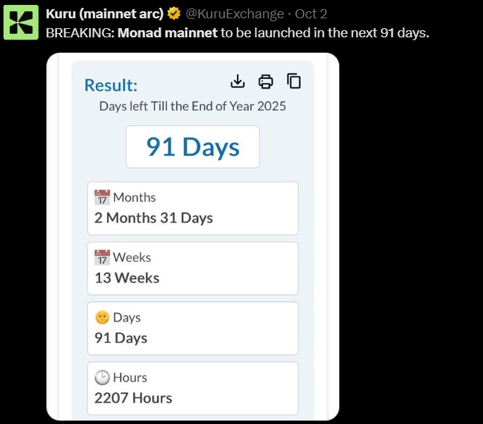Kuru 暗示 Monad 空投上市日期