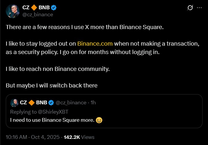 Changpeng Zhao (CZ) Uses X More Than Binance Square