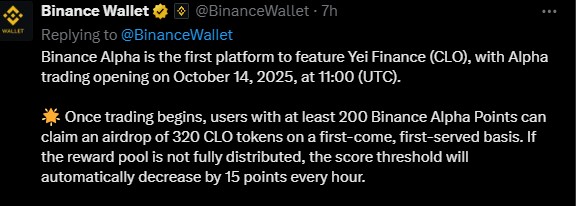Binance 上的 Yei Finance 空投