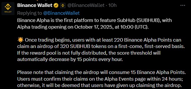Subhub binance listing and airdrop