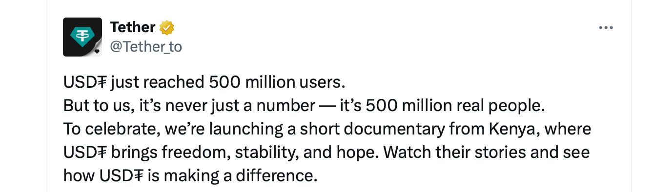 Tether CEO Hails USDT’s Path to 500M Users as Tether Hits $182B Market Cap