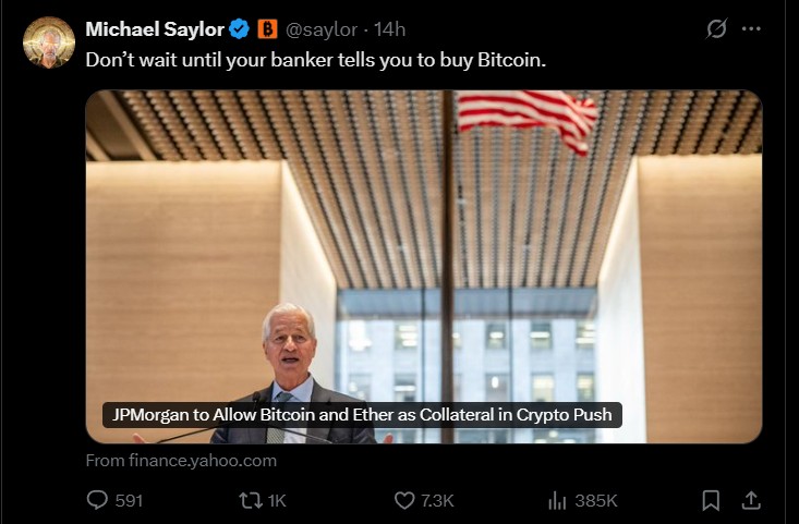 迈克尔·塞勒对JPMorgan比特币策略的反应 迈克尔·塞勒对JPMorgan比特币策略的反应