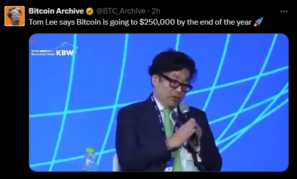 Tom Lee比特币目标25万美元 Tom Lee比特币目标25万美元