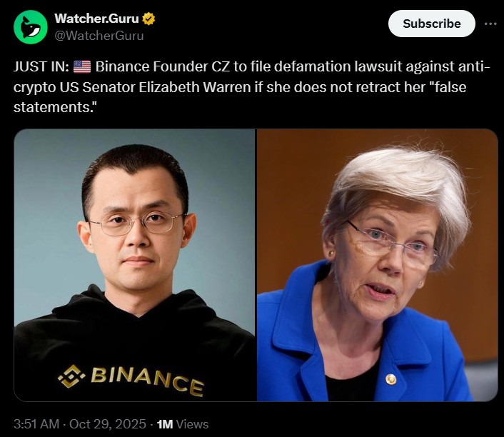 Binance Founder CZ Plans to Sue Elizabeth Binance Founder CZ Plans to Sue Elizabeth