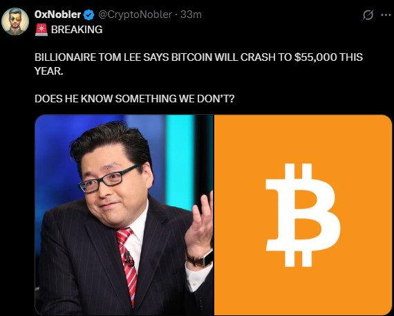 汤姆·李比特币预测崩溃至55,000美元 汤姆·李比特币预测崩溃至55,000美元