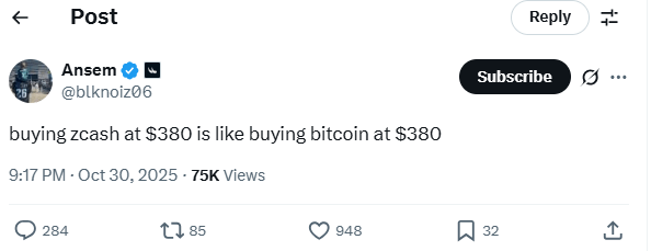 Zcash价格飙升至388美元,创下七年新高并在隐私币排名中超越门罗币 Zcash价格飙升至388美元,创下七年新高并在隐私币排名中超越门罗币