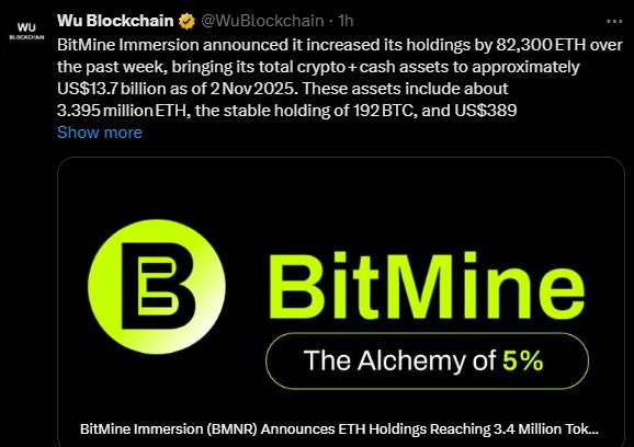 Bitmine购买ETH：增加持有量