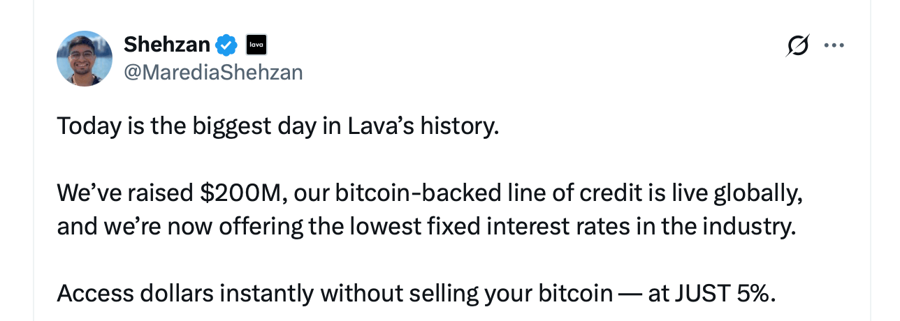 Lava推出比特币支持的信用额度,获得2亿美元融资 Lava推出比特币支持的信用额度,获得2亿美元融资