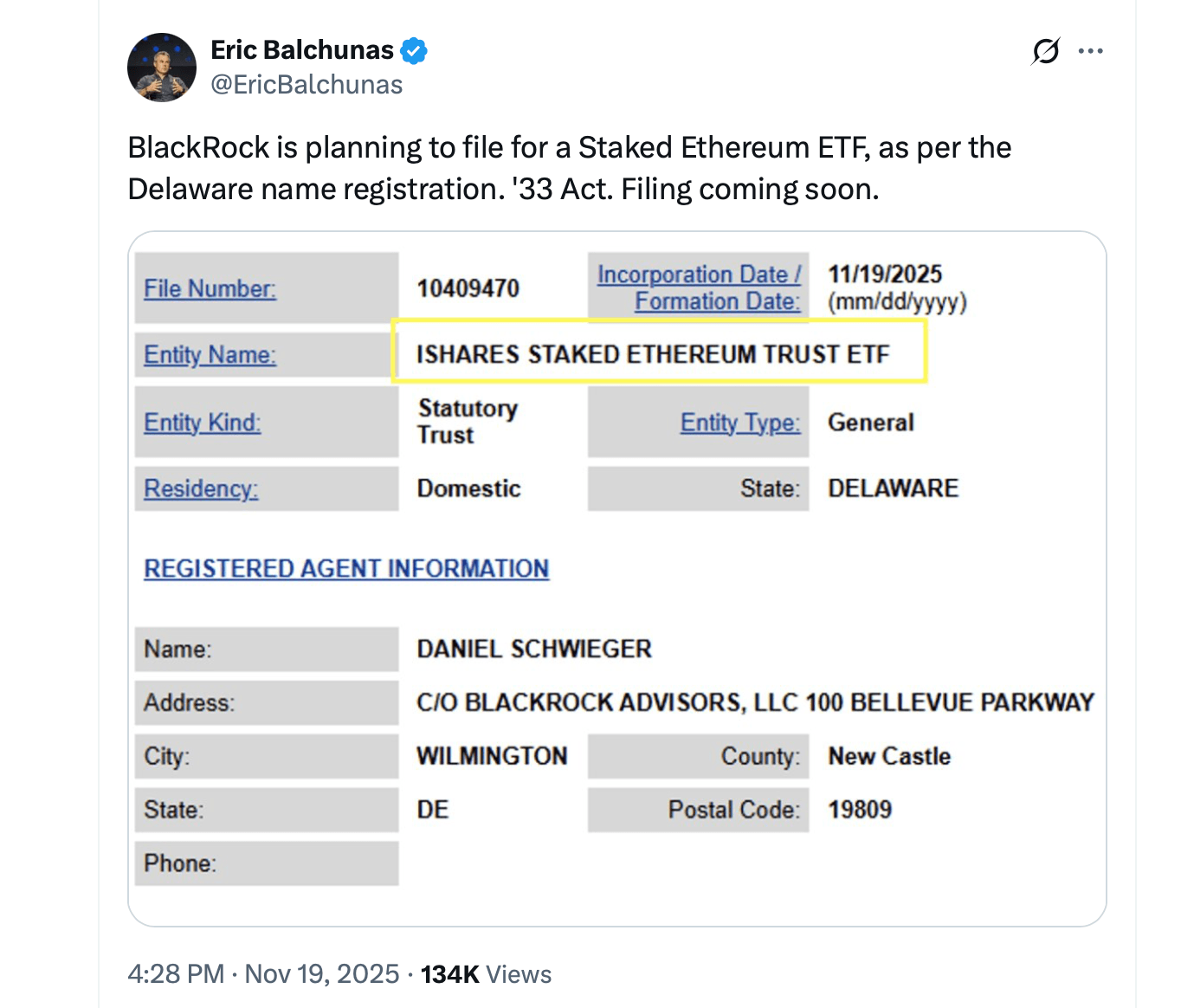 黑石通过新的信托申请打开了质押以太坊ETF的大门 黑石通过新的信托申请打开了质押以太坊ETF的大门