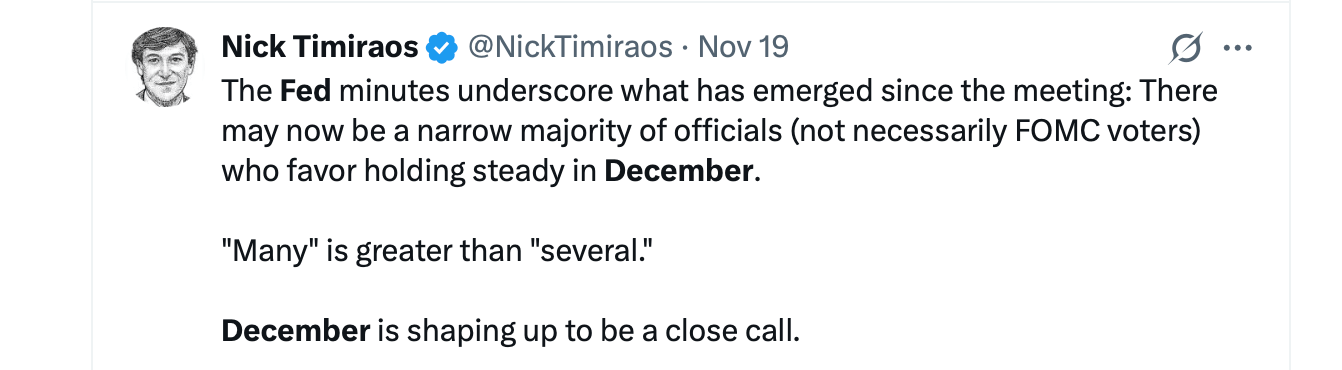 CME期货和投注市场对美联储12月可能的四分之一点降息达成一致