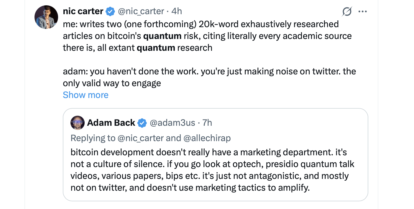 尼克·卡特表示比特币开发者正“梦游”走向量子审判